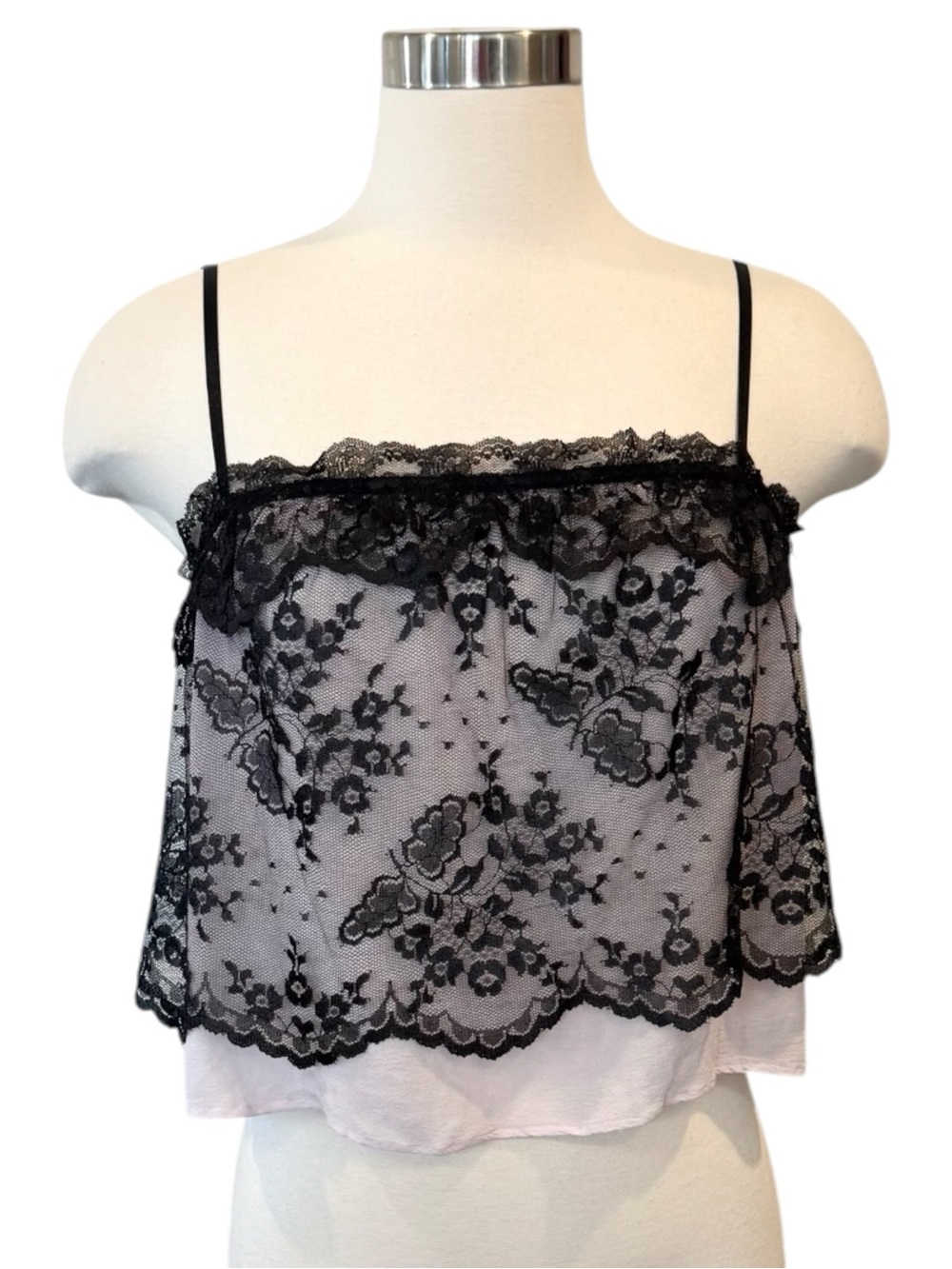 Y2K Moda International Silk Chiffon Pink Black Lace Vintage Camisole Tank Top S